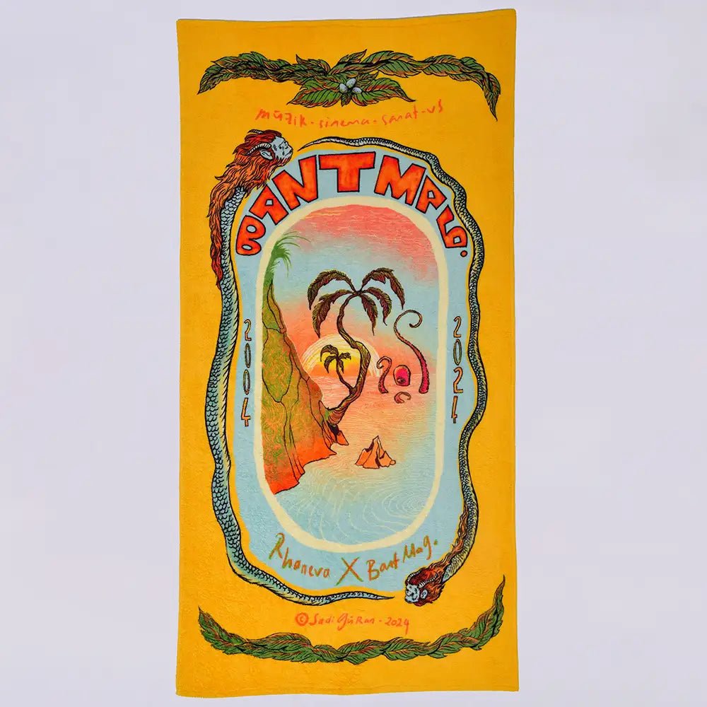 bant mag. ailesinden sanatçı Sadi Güran'ın imzasını taşıyan 70x140 tasarım plaj havlusu, pamuk kumaş, hızlı kuruyan havlu