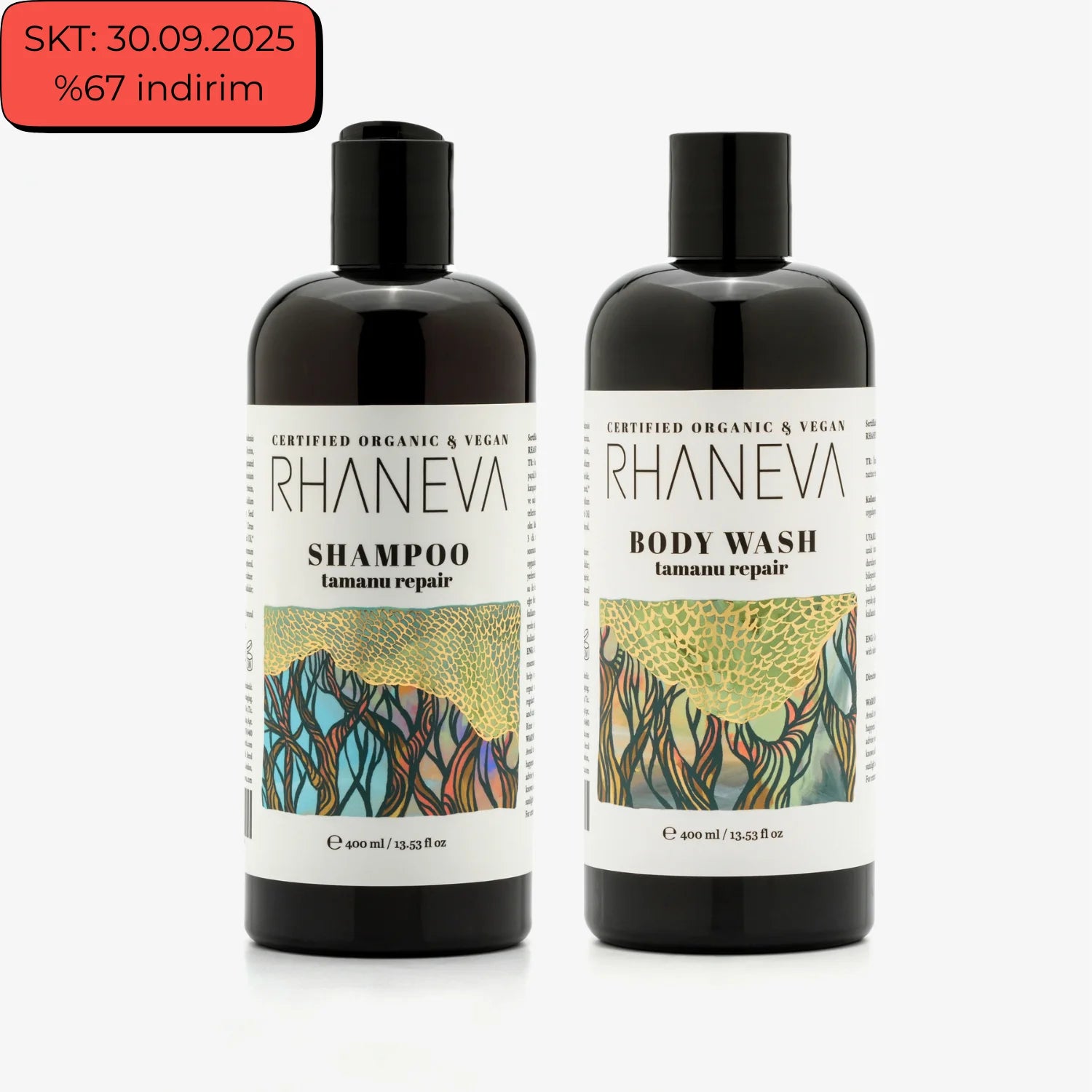 Rhaneva organik ve vegan sertifikalı saç bakım şampuanı, 400 ml ve aromaterapik duş jeli, 400 ml