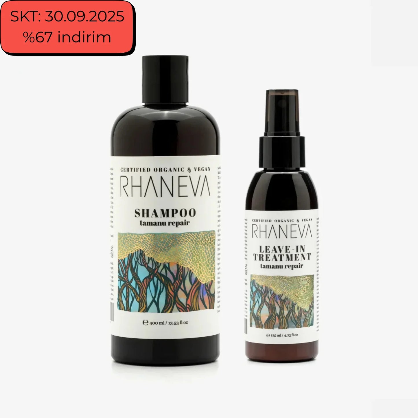Rhaneva organik ve vegan sertifikalı şampuan, 400 ml ve durulanmayan saç kremi, 125 ml